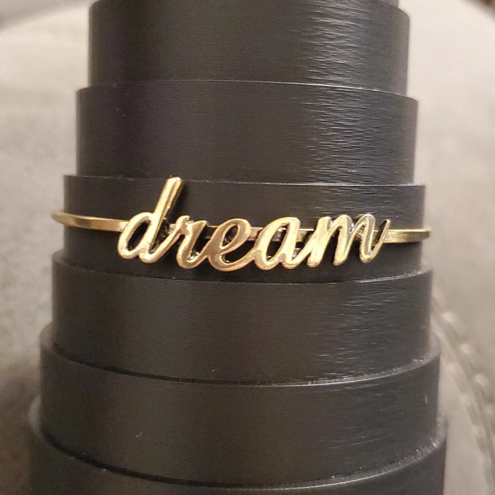 Gold “Dream” Adjustable Wire Bangle | Inspirational Script Bracelet | Minimalist